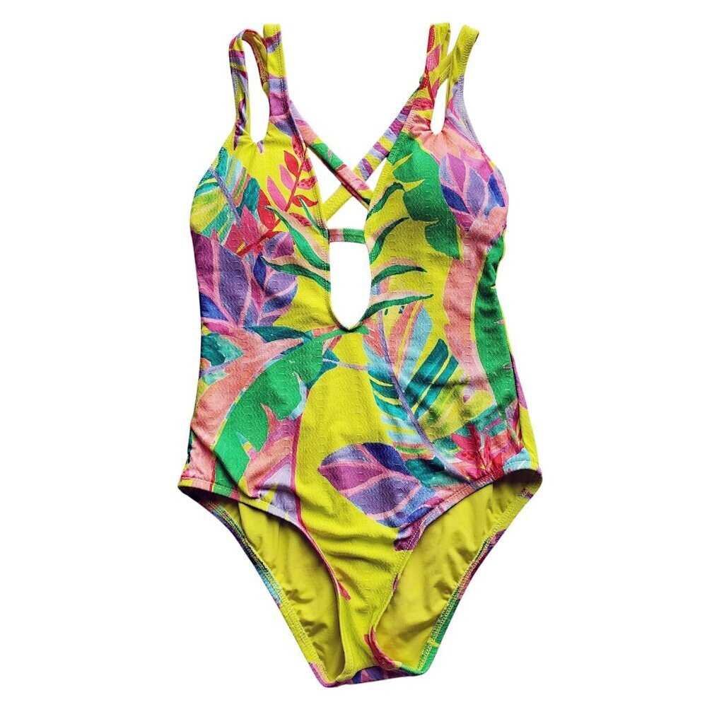 Becca Rebecca Virtue Costa Bella Yellow Tropical Print Plunge One Piece Swimsuit - Picture 9 of 16